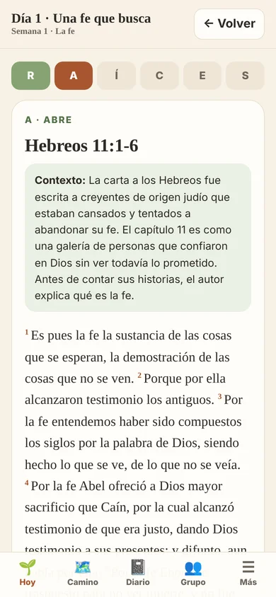 Pantalla del pasaje del día en Raíces